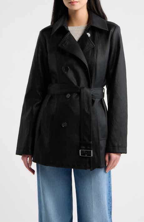 Faux Leather Double Breasted Trench Coat