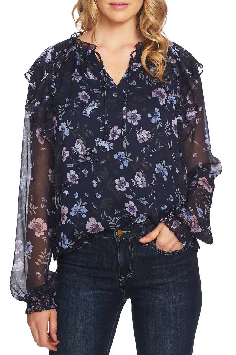 Bloomsbury Floral Chiffon Ruffle Blouse, Main, color, CAVIAR