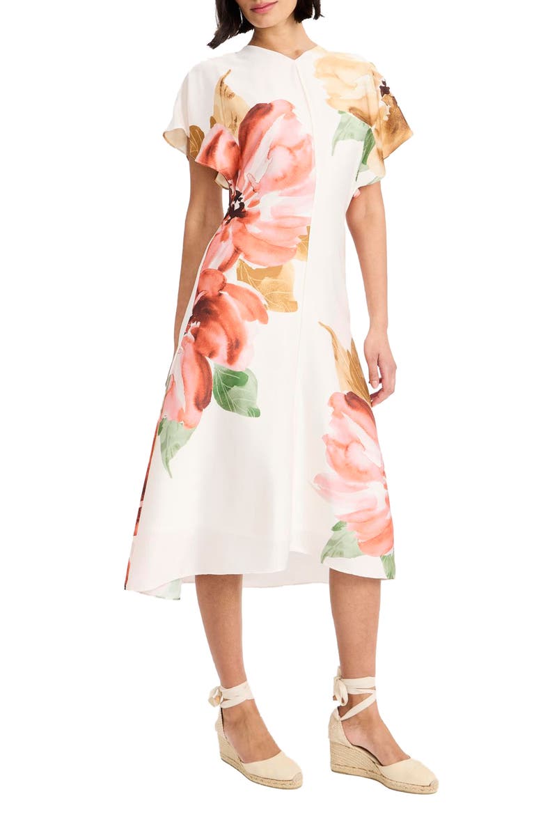 Floral Print Flutter Sleeve Midi Dress, Main, color, IVORY/ PERSIMMON