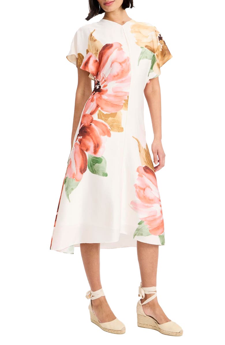 Maggy London Floral Print Flutter Sleeve Midi Dress, Main, color,