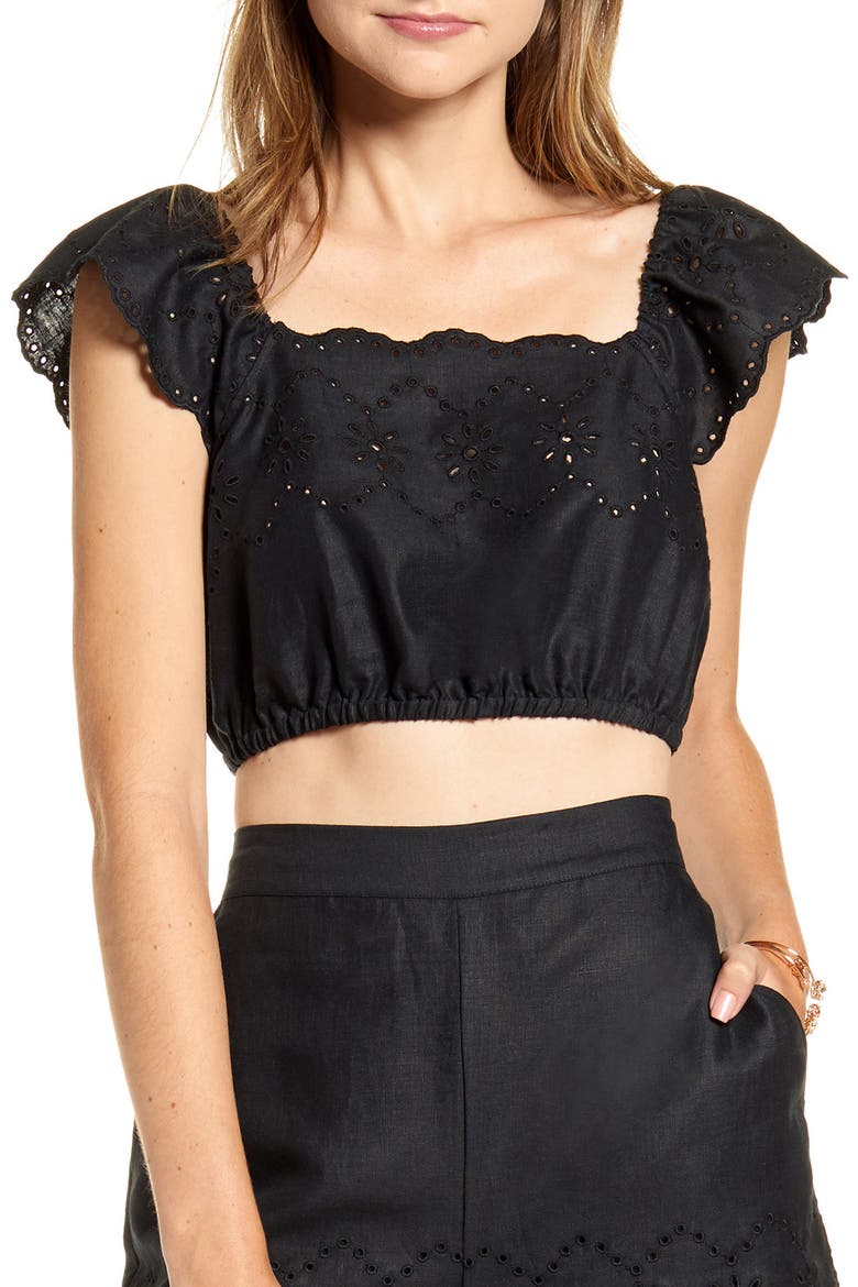 Eyelet Crop Top, Main, color, BLACK