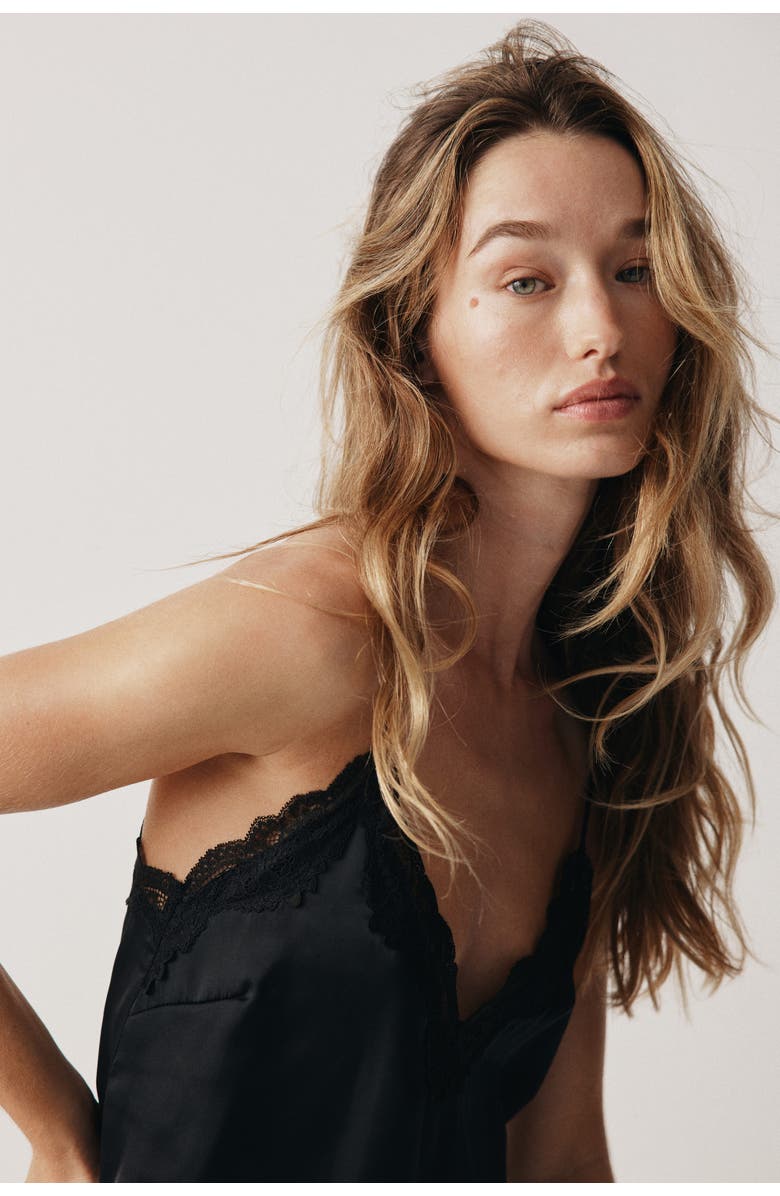 H&M Lace-trimmed Satin Nightslip, Alternate, color, Black