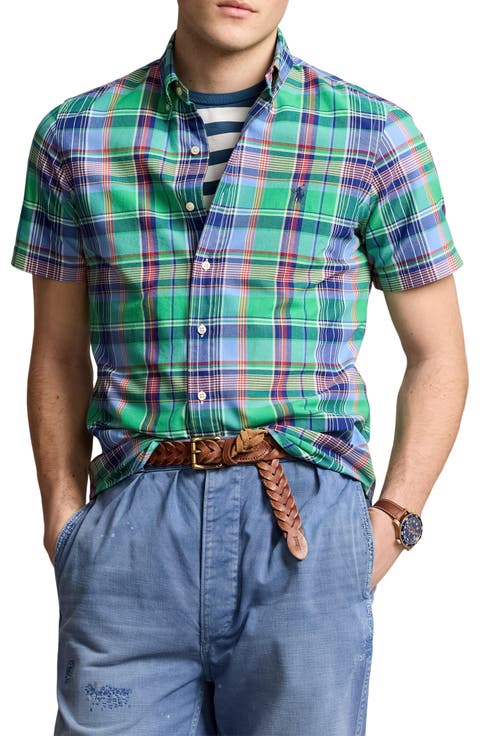 Classic Fit Plaid Short Sleeve Cotton Oxford Button-Up Shirt