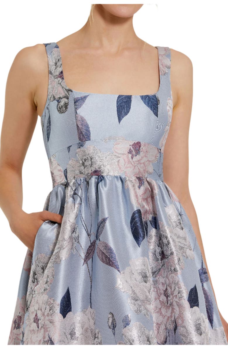 Mac Duggal Brocade Scoop Neck Sleeveless Floral Gown, Alternate, color, Blue Multi