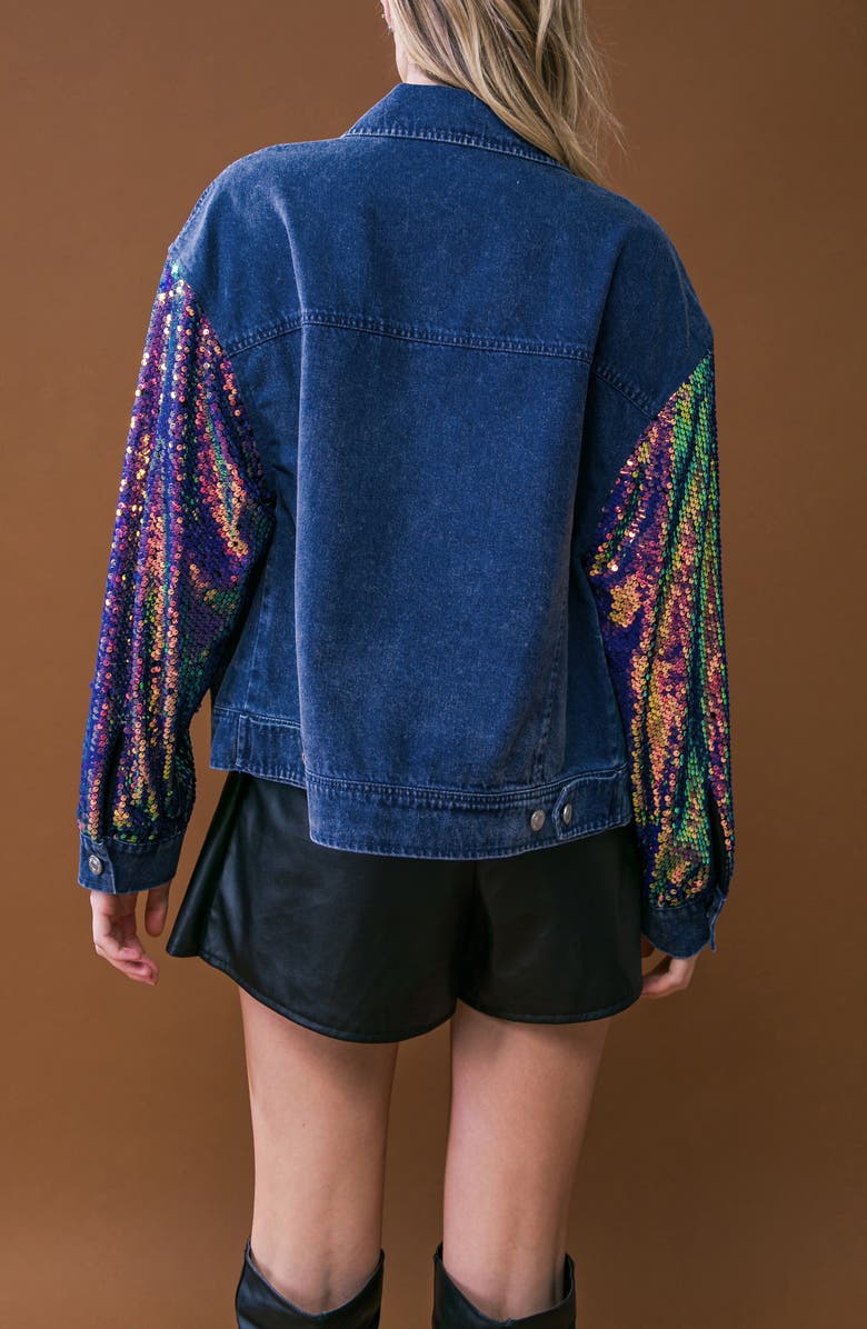 FLYING TOMATO Walking the Walk Sequin Sleeve Denim Jacket, Alternate, color, Medium Indigo