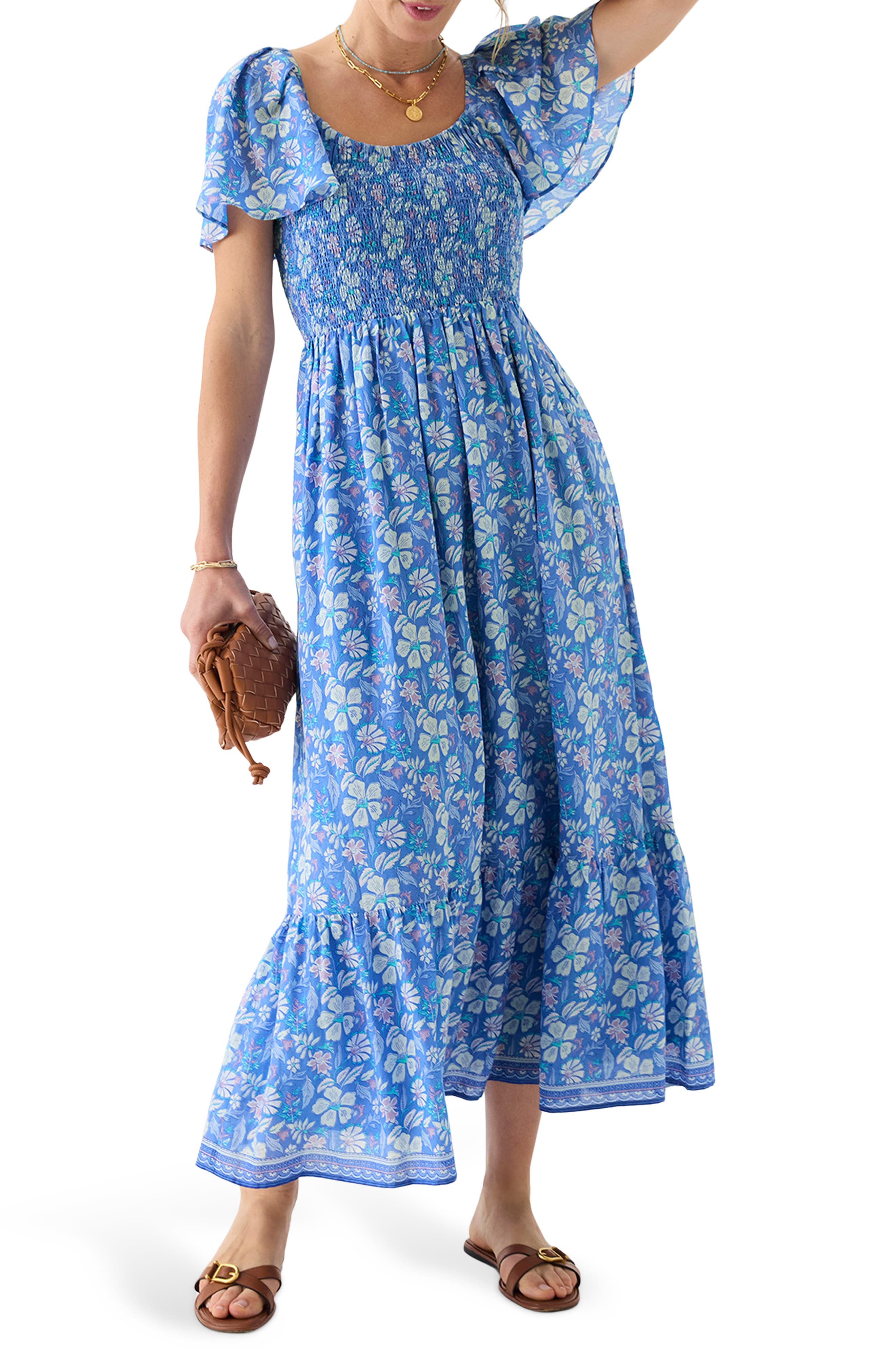 Floral Smocked Flutter Sleeve Maxi Dress