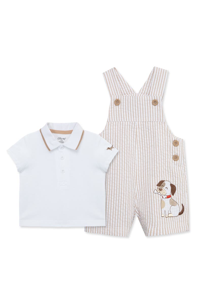 Little Me Cotton Polo & Puppy Embroidered Shortalls Set, Main, color, 