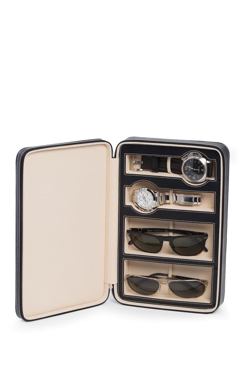 Two-Watch & Two-Sunglasses Leather Travel Case, Main, color, BLACK