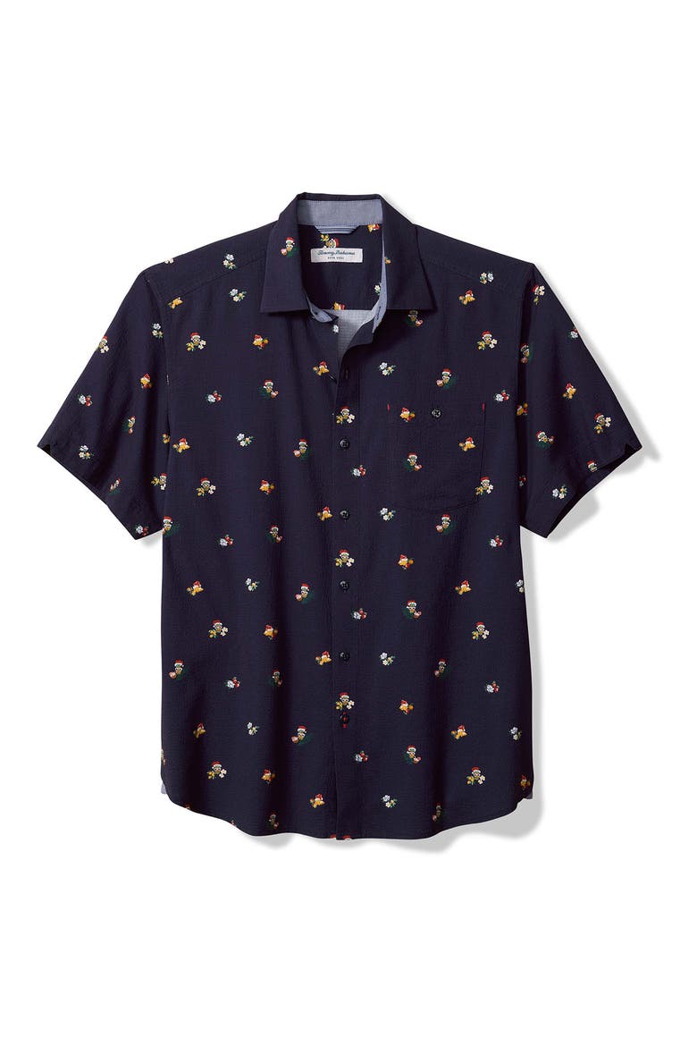 Nova Wave Merry Cocktails Holiday Print Short Sleeve Button-Up Shirt, Main, color, COASTLINE
