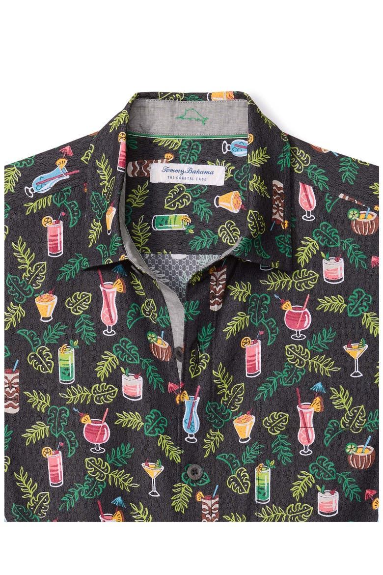 Coastal Ease Midnight Mohito Cocktail Print IslandZone® Short Sleeve Button-Up Shirt, Alternate, color, MATTE BLACK
