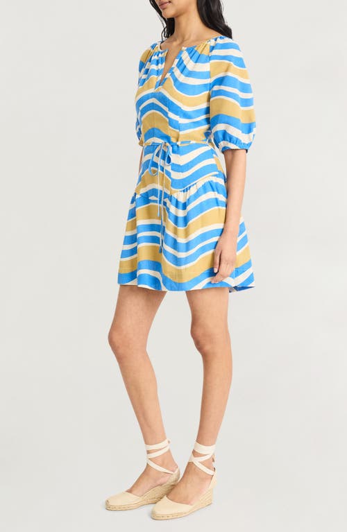 Shop The Good Journey Puff Sleeve Drop Waist Babydoll Minidress In Blue/cream
