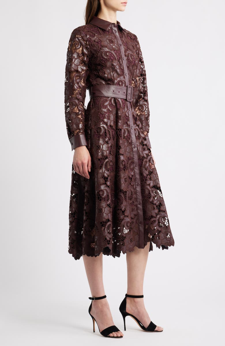 Elie Tahari Chayenne Long Sleeve Faux Leather & Lace Shirtdress, Alternate, color, Noir Berry Red