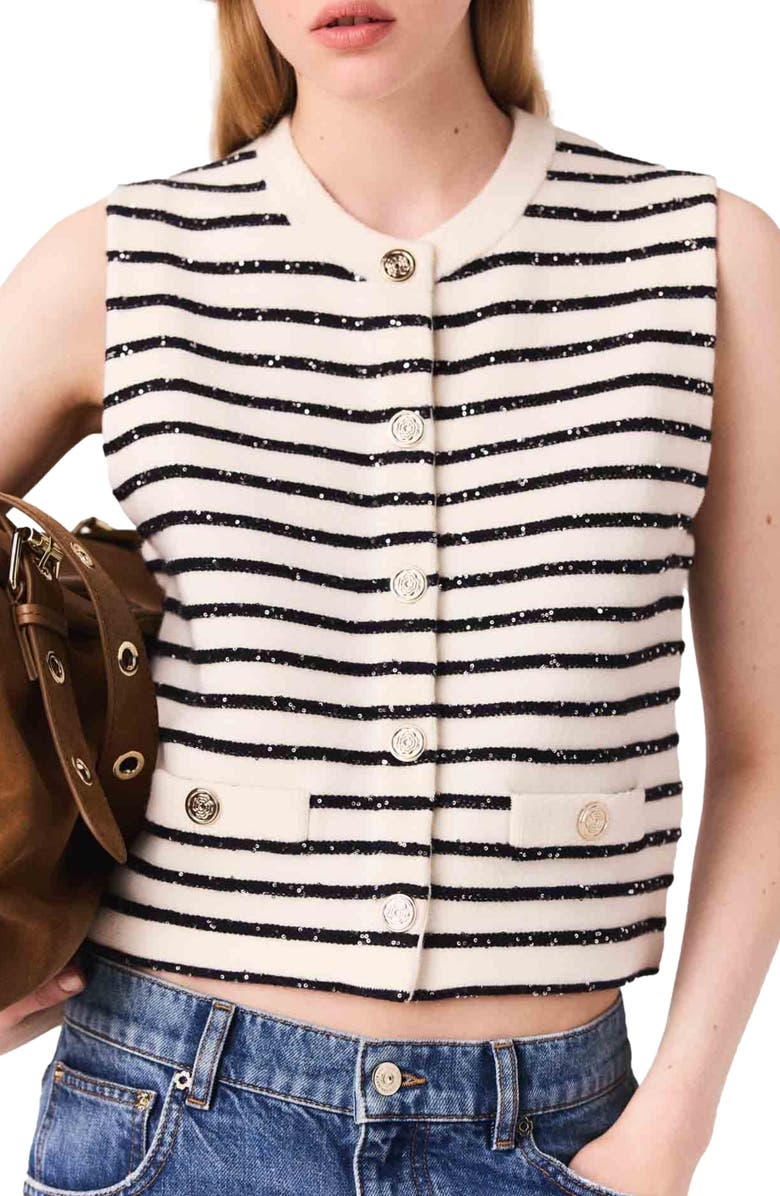 maje Striped wool blend top, Alternate, color, White/Navy