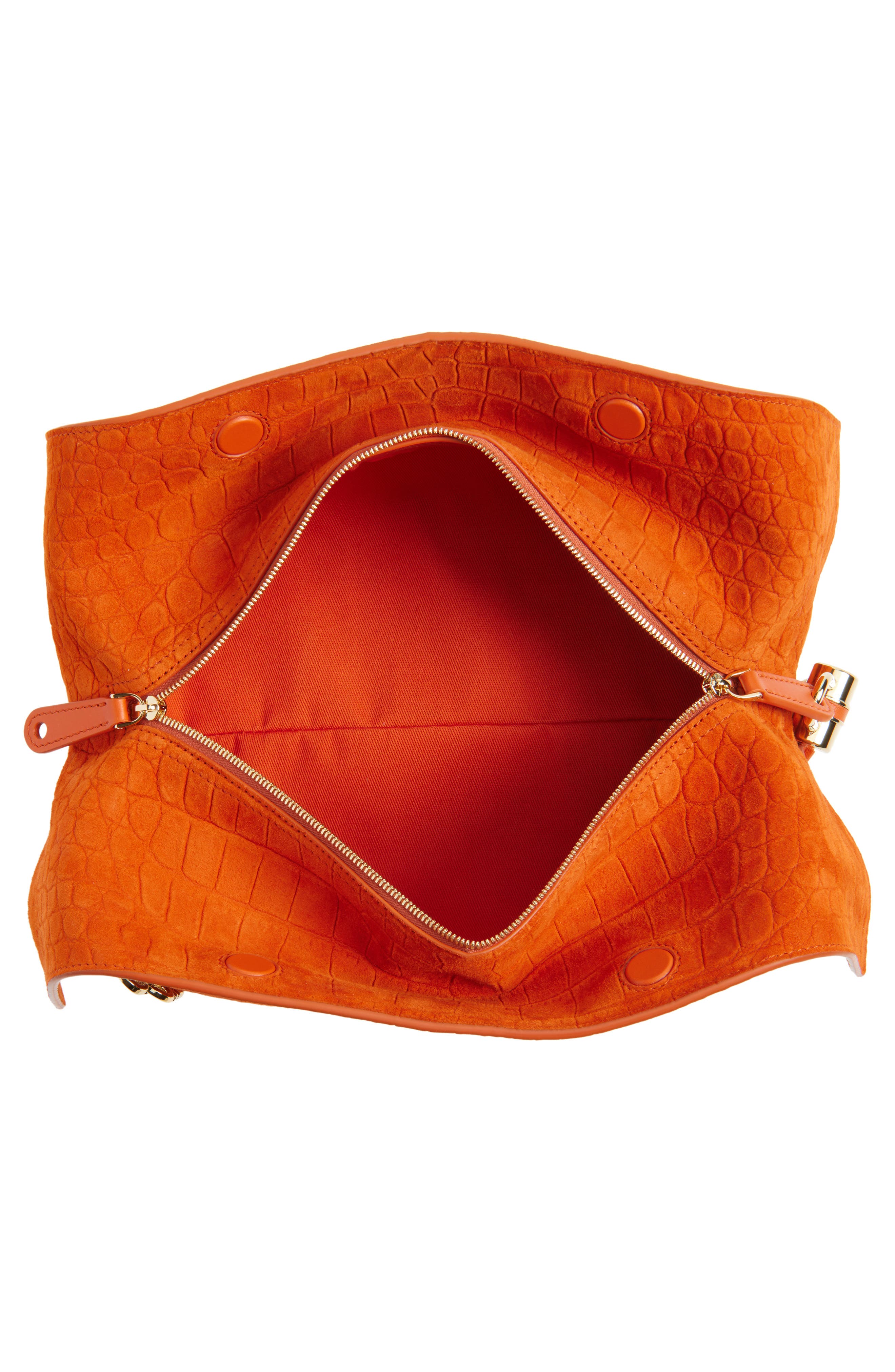 FERRAGAMO Gancini Chain Folded Croc Embossed Suede Shoulder Bag, Alternate, color, Light Siena