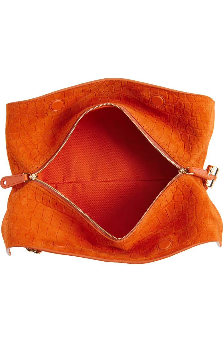 FERRAGAMO Gancini Chain Folded Croc Embossed Suede Shoulder Bag, Alternate, color, Light Siena