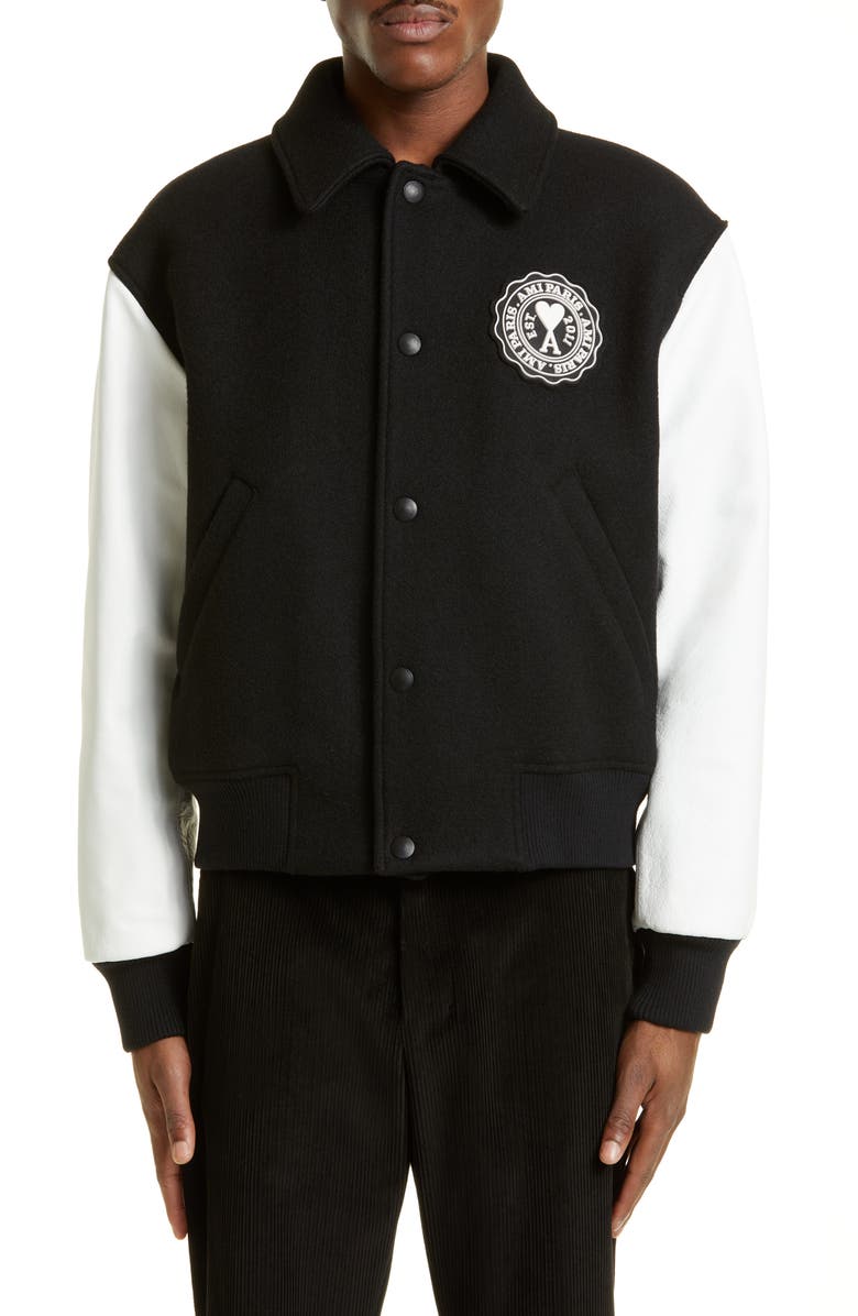 AMI PARIS Ami de Coeur Teddy Wool & Leather Varsity Jacket, Main, color, 