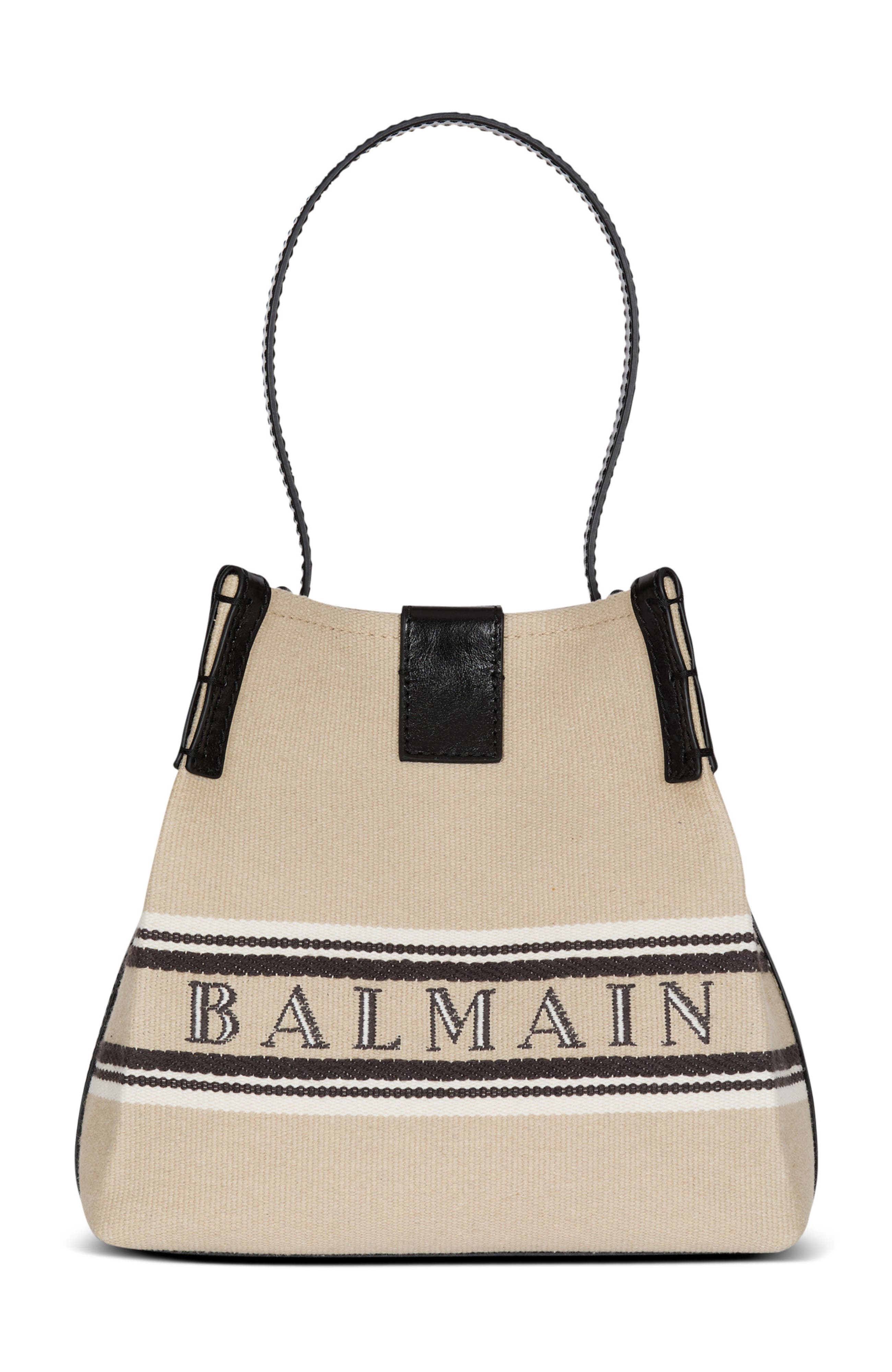 Balmain Release Bucket bag in canvas and calfskin, Main, color, Beige