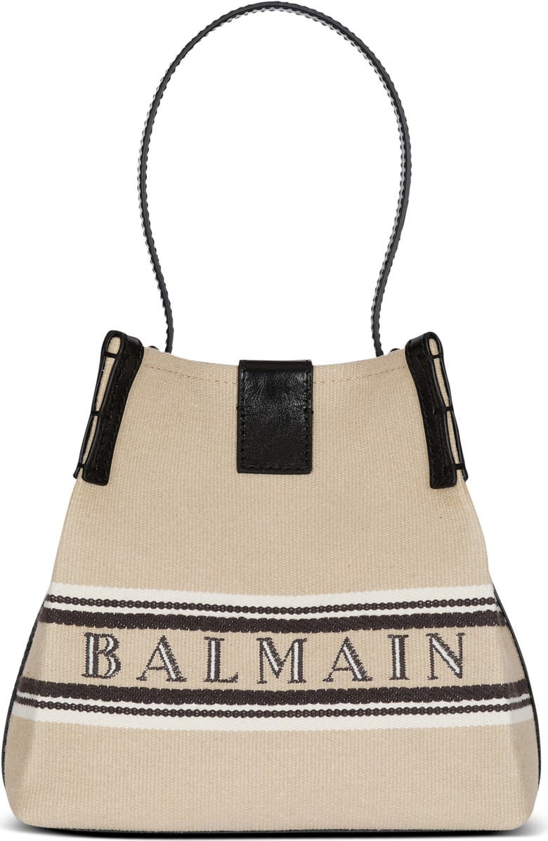 Balmain Release Bucket bag in canvas and calfskin, Main, color, Beige