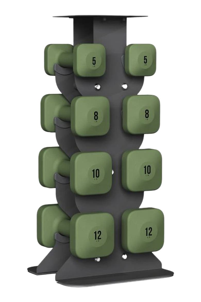 SafeGrip Dumbbells Medium Set with Dark Rack - 5, 8, 10, 12 lbs, Main, color, Forest Green