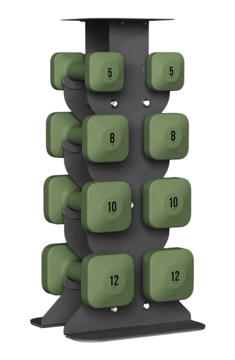 WeGym SafeGrip Dumbbells Middle Set with Dark Rack - 5, 8, 10, 12 lbs, Main, color, Forest Green
