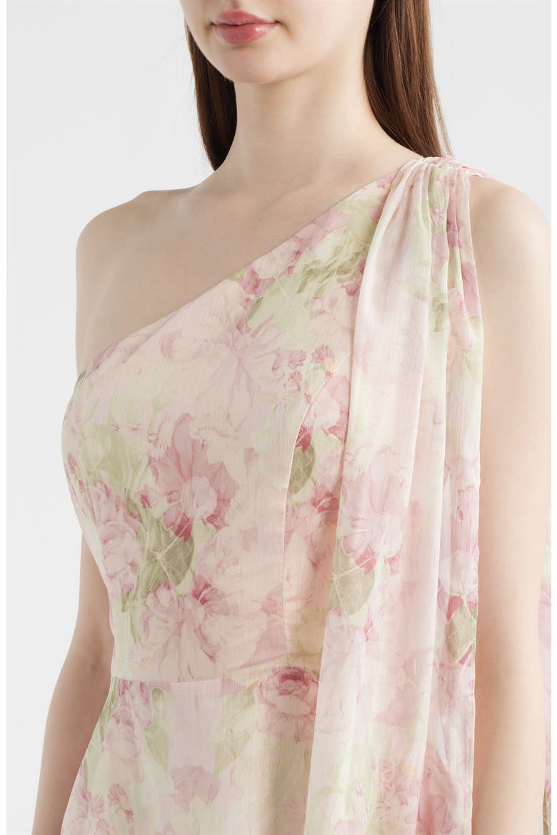 Amara Floral Print One-Shoulder Gown, Alternate, color, PINK MULTI