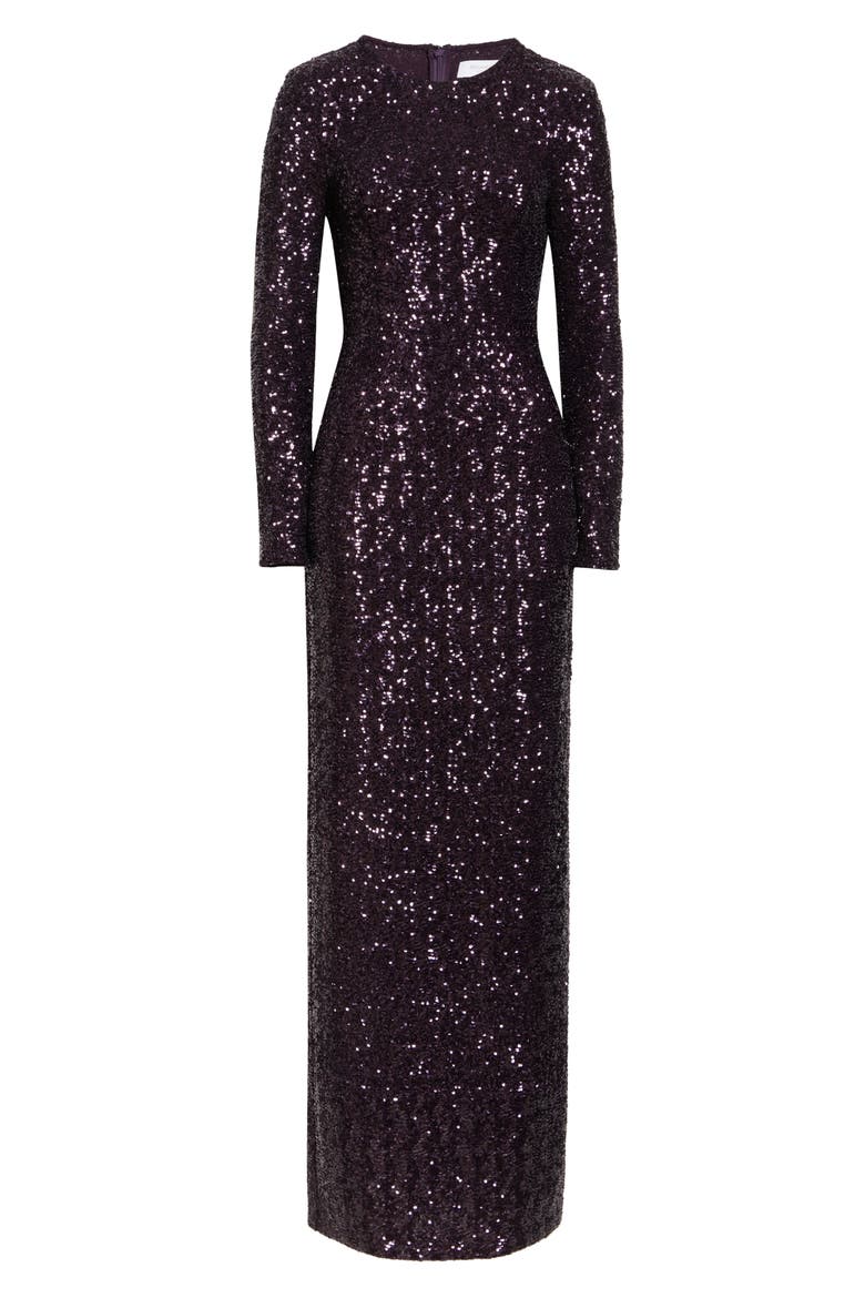 Sequin Long Sleeve Sheath Gown, Alternate, color, AUBERGINE