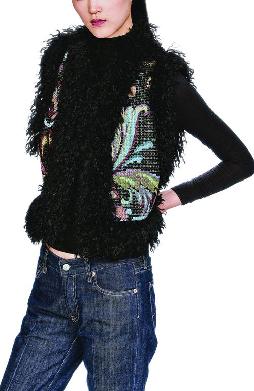 Anna Sui Tapestry Faux Fur Trim Vest In Black
