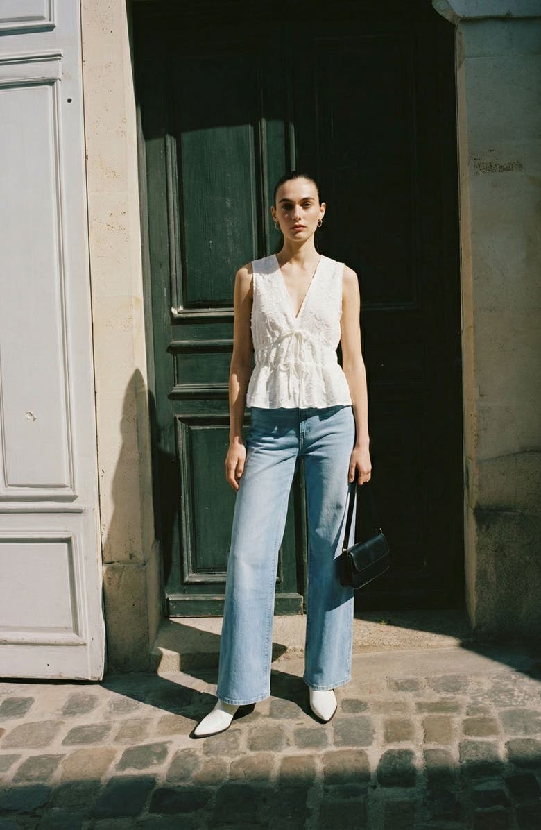 VERO MODA Mann Embroidered Tie Front Cotton Peplum Top, Alternate, color, Snow White