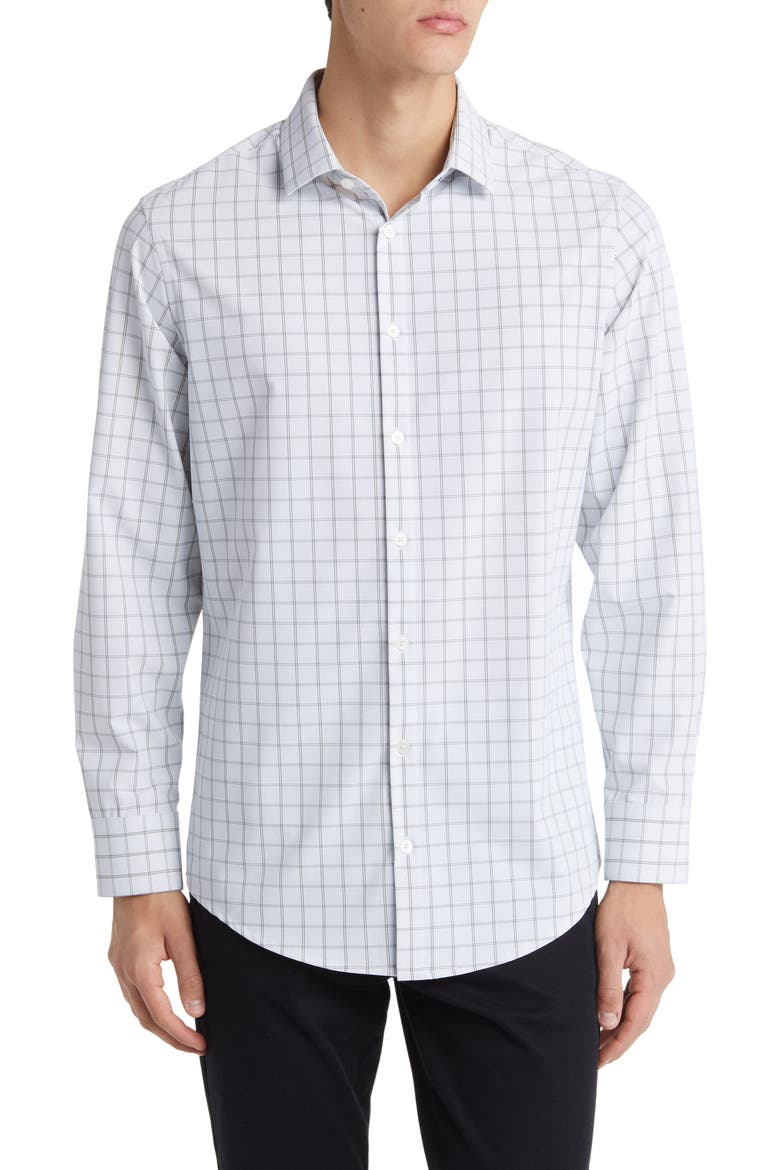 Leeward Trim Fit Sky Hampton Windowpane Plaid Performance Button-Up Shirt, Main, color, BLUE