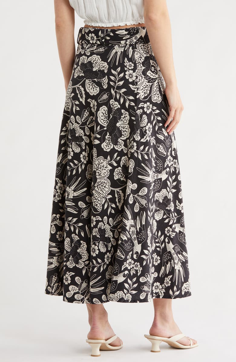 T Tahari Belted Linen Blend Maxi Skirt, Alternate, color, Black Floral Print
