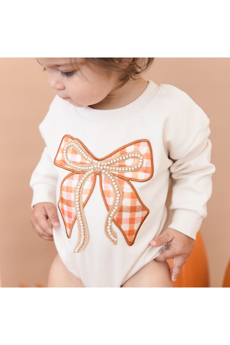 Cinnamon Plaid Bow Patch Long Sleeve Romper, Alternate, color, Natural