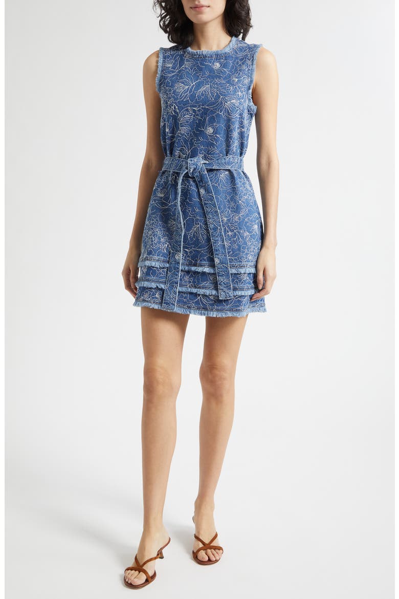 Mindie Floral Embroidery Denim Minidress, Main, color, SALT BREEZE/ WHITE