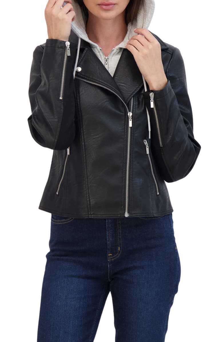 Sebby Fleece Hooded Faux Leather Moto Jacket, Alternate, color,