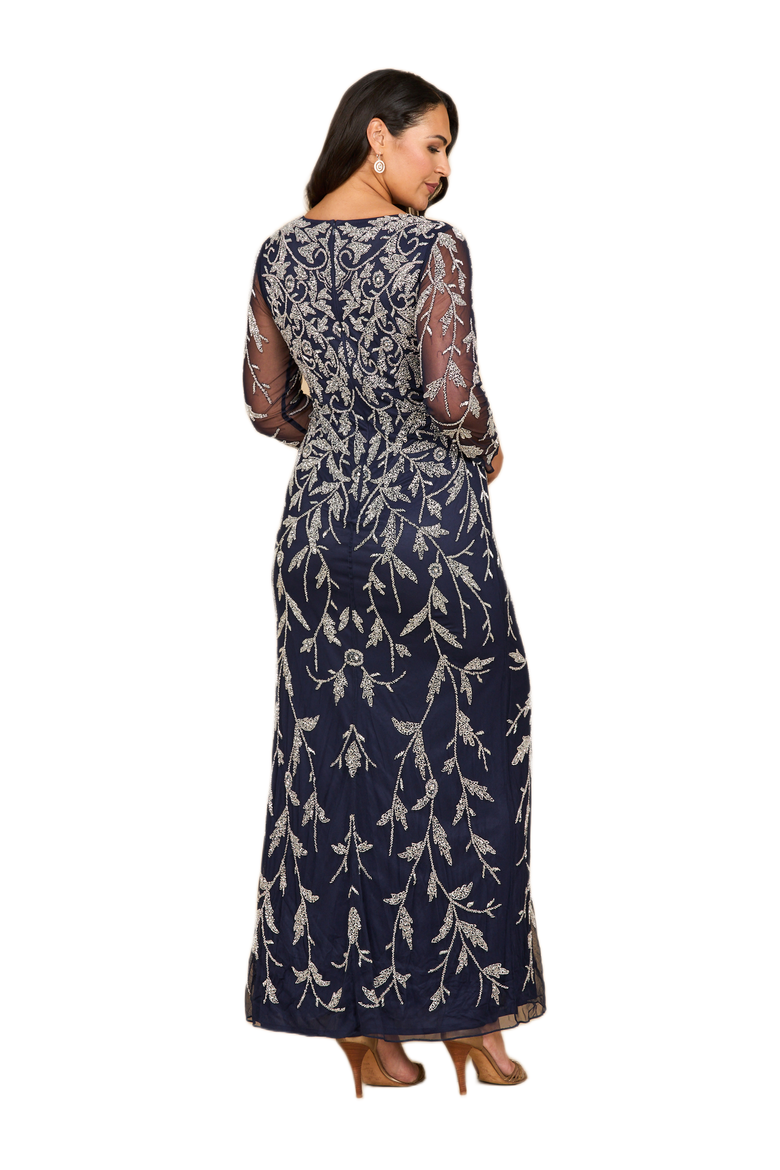 Long Sleeve Contrast Beaded Gown, Alternate, color, Navy