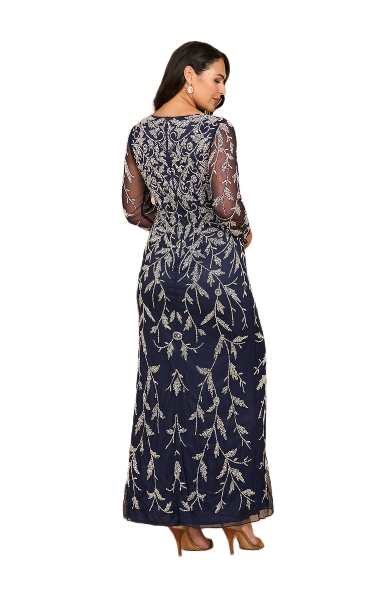 LARA New York Long Sleeve Contrast Beaded Gown, Alternate, color, Navy