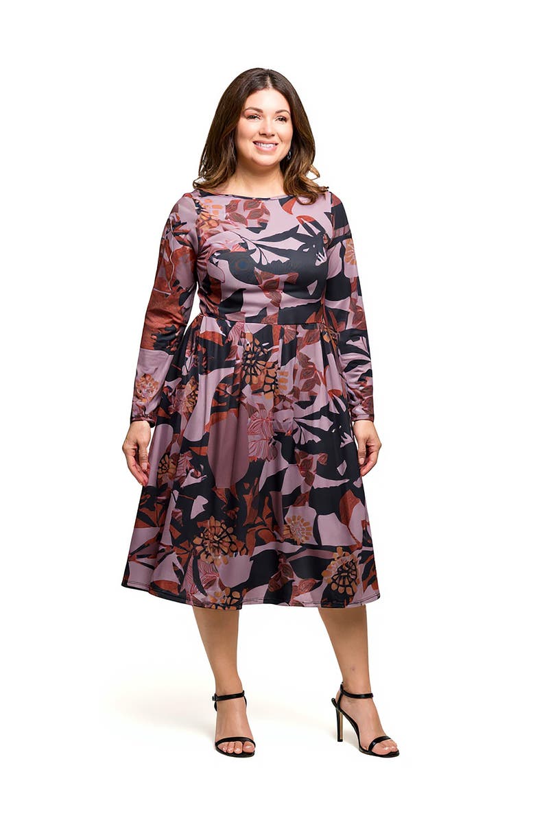 24seven Comfort Apparel Long Sleeve Midi Dress Floral Print, Alternate, color, Grey Multi