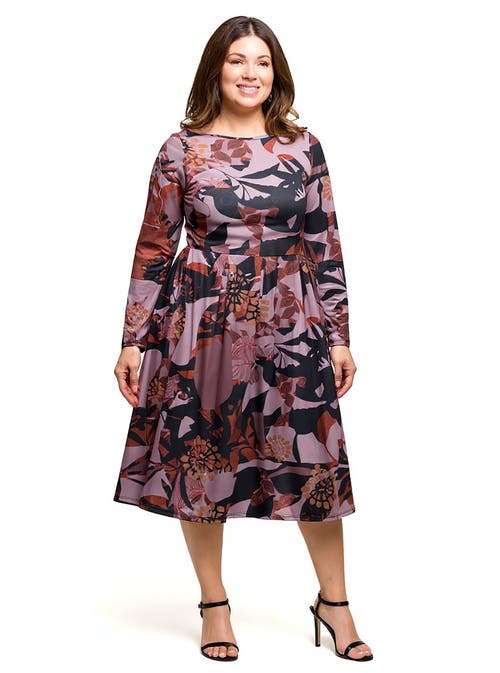 24seven Comfort Apparel Long Sleeve Midi Dress Floral Print In Gray