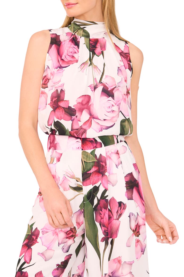 Floral Print Sleeveless Satin Shirt, Main, color, ULTRA WHITE