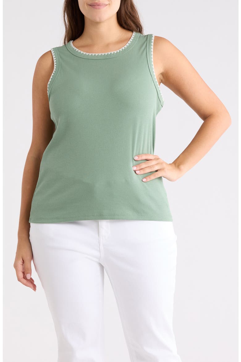 Whipstitch Trim Rib Tank, Main, color, GREEN HEDGE- IVORY PRISTINE