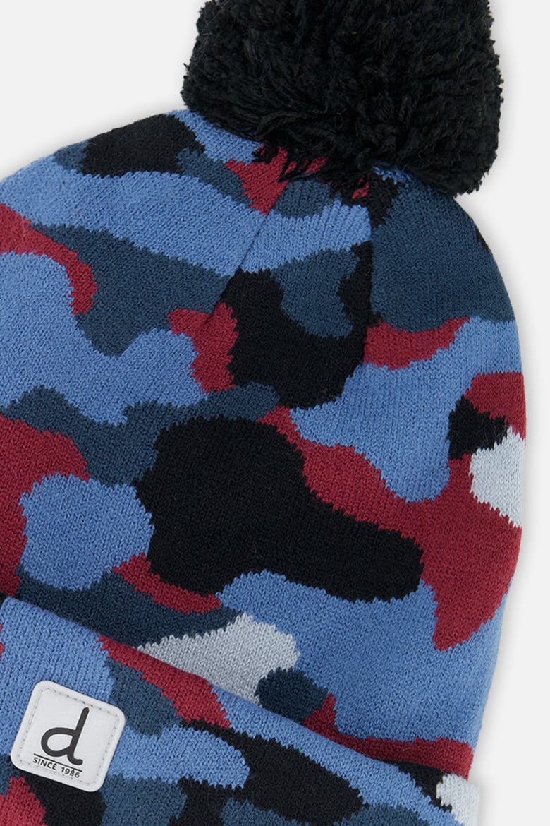 Winter Camouflage Jacquard Snug Fit Knit Hat with Pompom, Alternate, color, Blue and Red Camouflage
