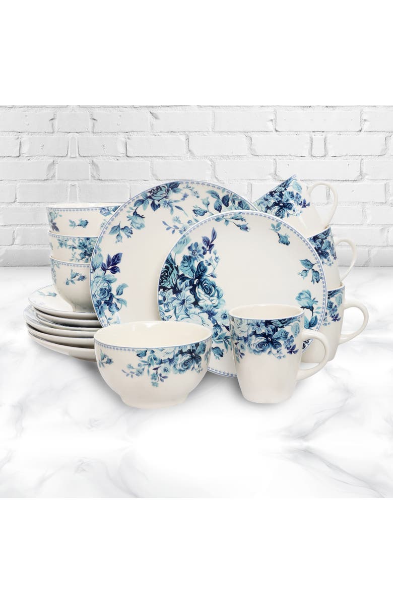 Elama Traditional Blue Rose 16 Piece Dinnerware Set, Alternate, color, Blue
