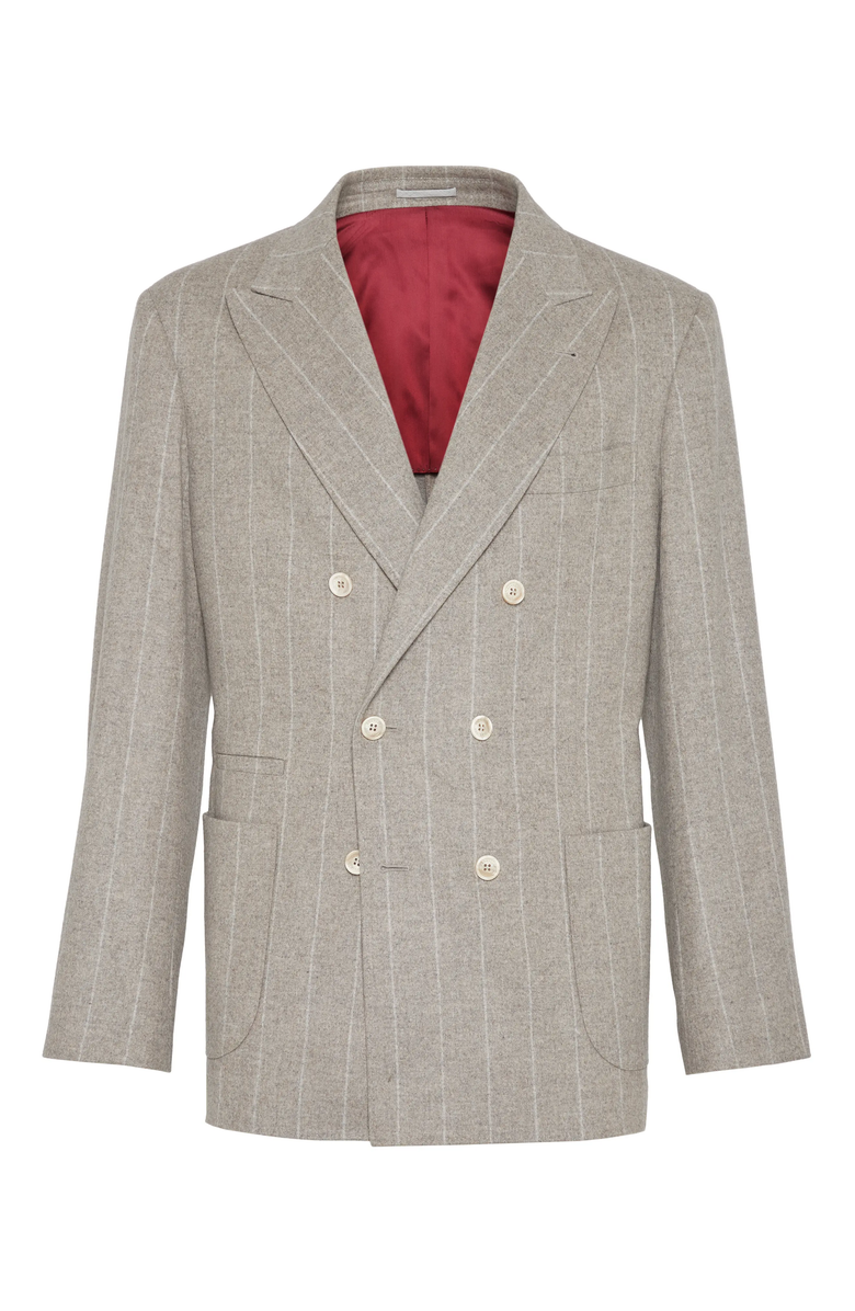 Brunello Cucinelli Wool and cashmere wide chalk stripe combed flannel one-and-a-half breasted deconstructed blazer with patch pockets, Main, color, 