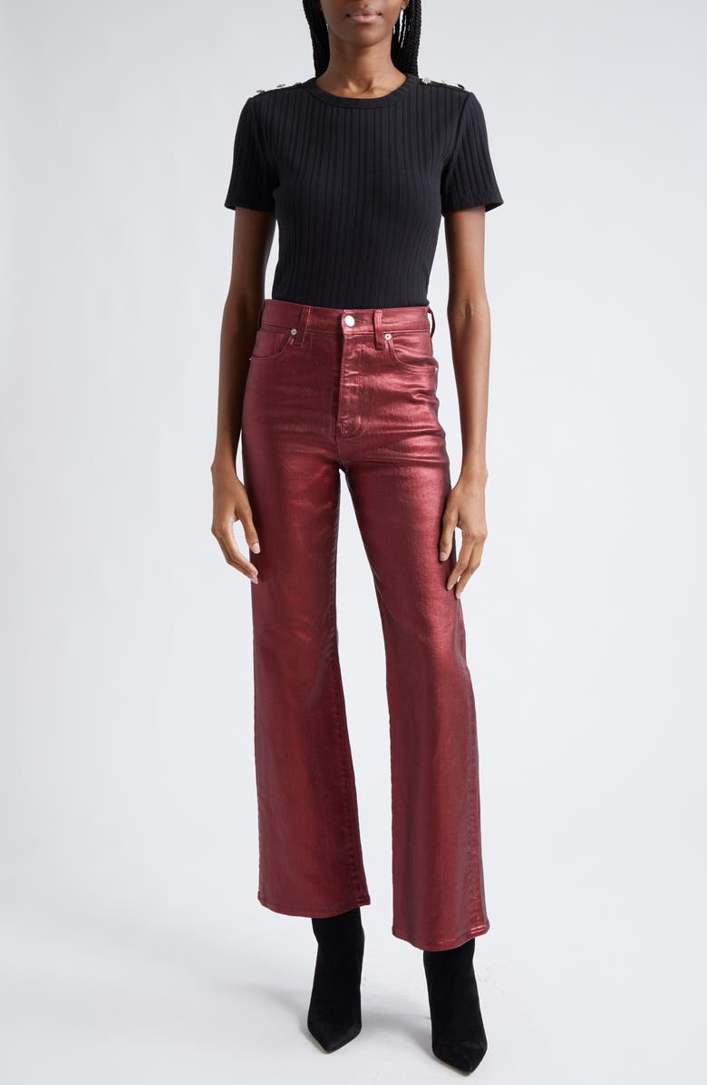 Veronica Beard Crosbie High Waist Wide Leg Metallic Pants, Alternate, color, Burgundy