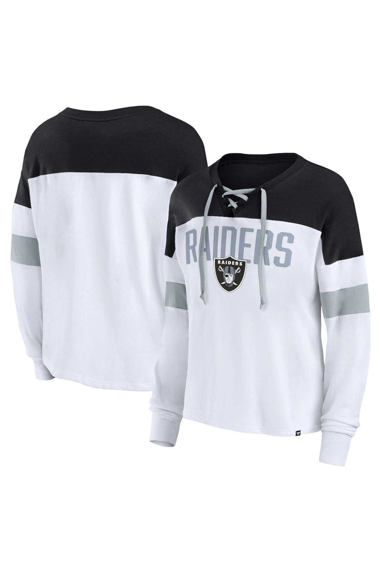 Women's Fanatics Branded White/Black Las Vegas Raiders Plus Size Even Match Lace-Up Long Sleeve V-Neck Top, Main, color, White