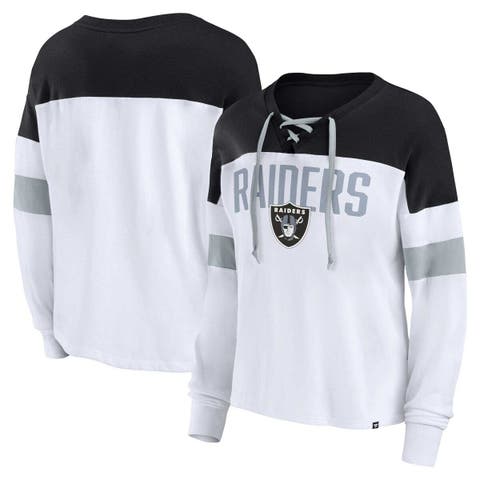 Women's Fanatics Branded White/Black Las Vegas Raiders Plus Size Even Match Lace-Up Long Sleeve V-Neck Top