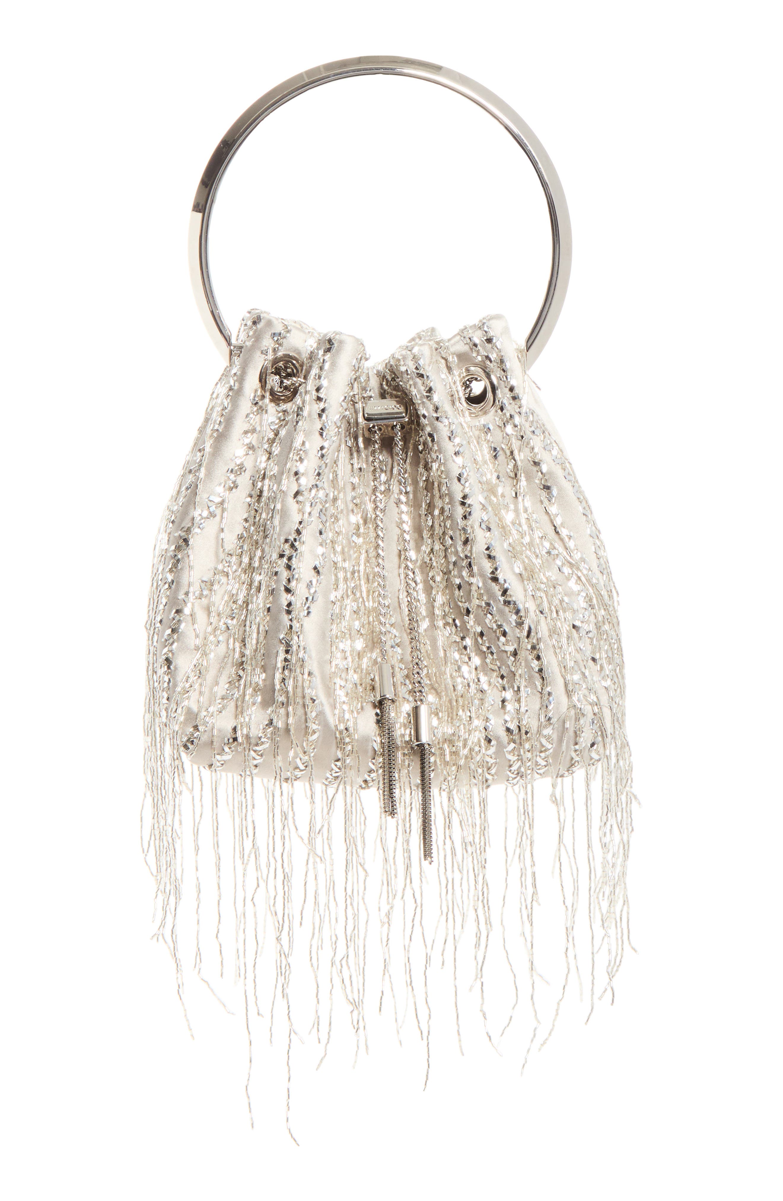Bon Bon Beaded Fringe Satin Bucket Bag, Main, color, SILVER/ SILVER