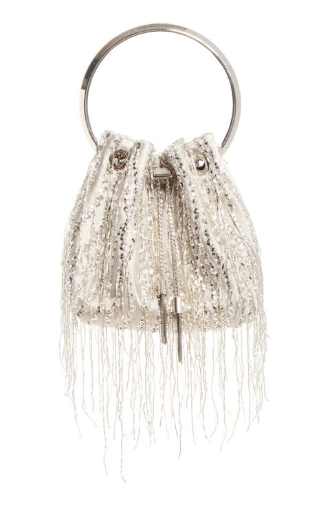 Bon Bon Beaded Fringe Satin Bucket Bag