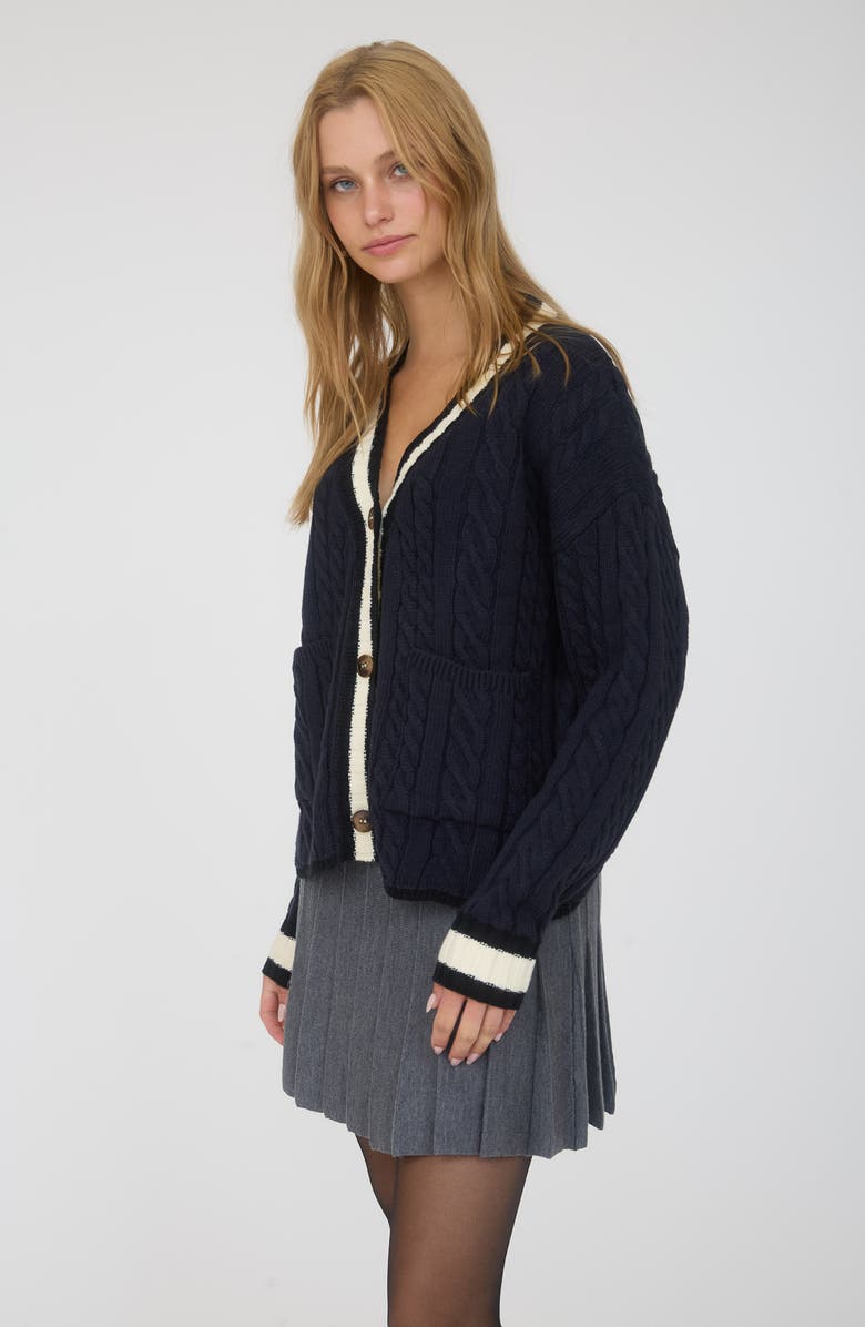 Blu Pepper Stripe Trim Cable Stitch Cardigan, Alternate, color, Navy