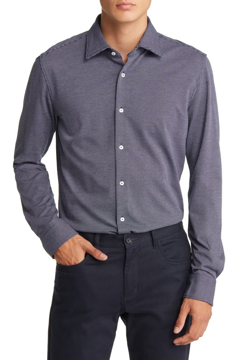 Hank Slim Fit Microcheck Cotton Blend Dress Shirt, Main, color, NVY