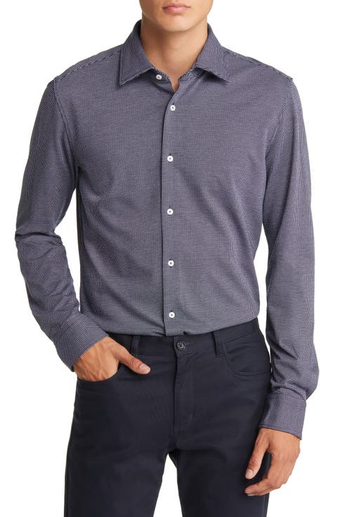 Hank Slim Fit Microcheck Cotton Blend Dress Shirt